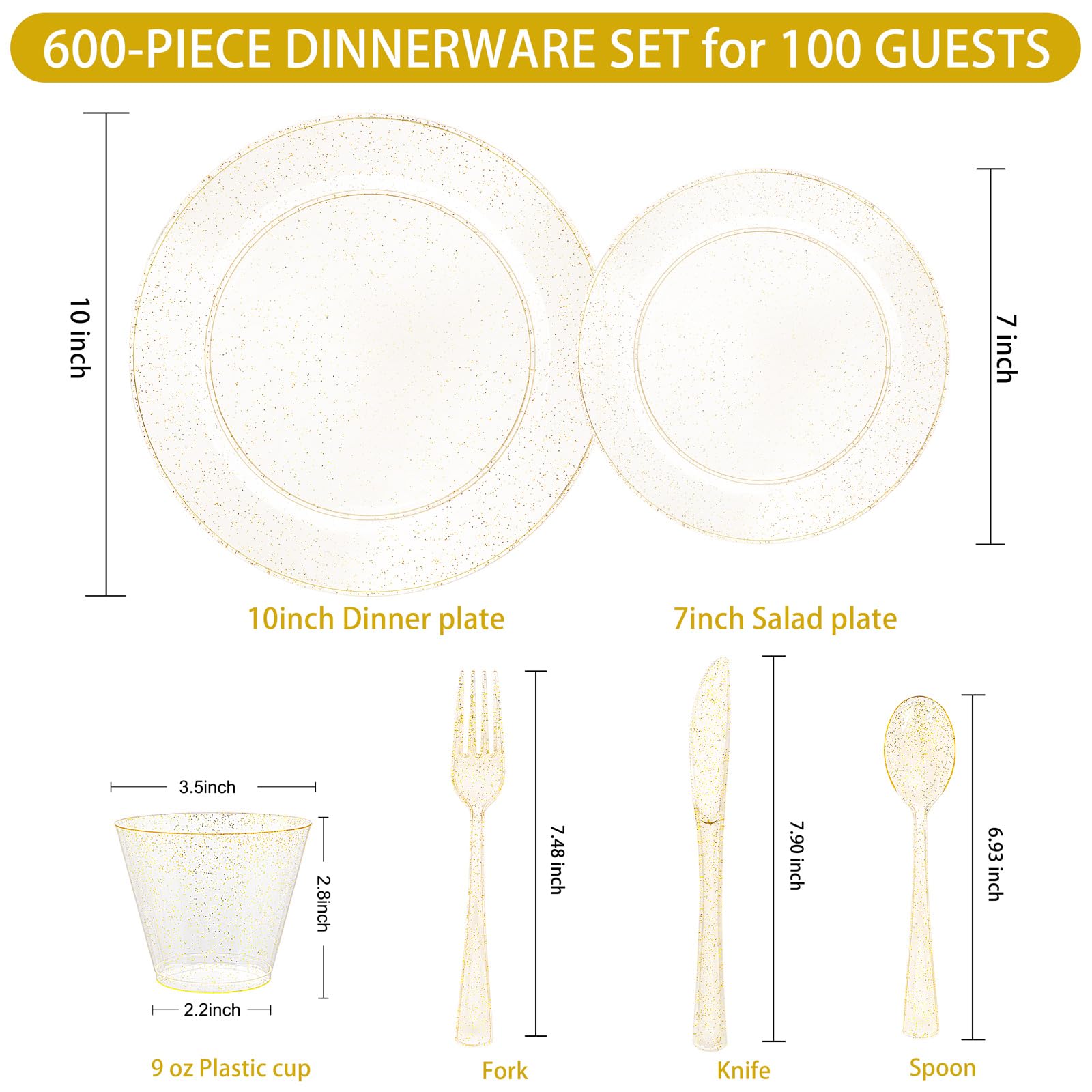 WELLIFE 600 PCS Silver Disposable Dinnerware Set for 100 Guests, Wedding Reception Plates & Silver Plastic Tableware, Dinner & Salad Plates, Cups, Forks, Knives & Spoons for Weddings & Elegant Events