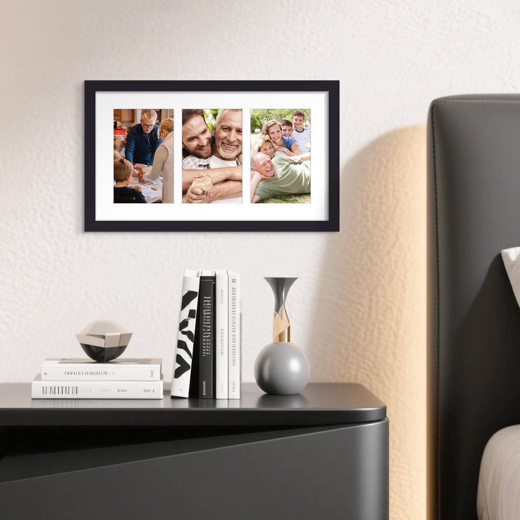 upsimples 8x16 Collage Picture Frame, Display Pictures 3 5x7 with Mat or 8x16 Without Mat, Wall Hanging 3 5x7 Picture Frame Collage Wall Decor, Black, 1 Pack
