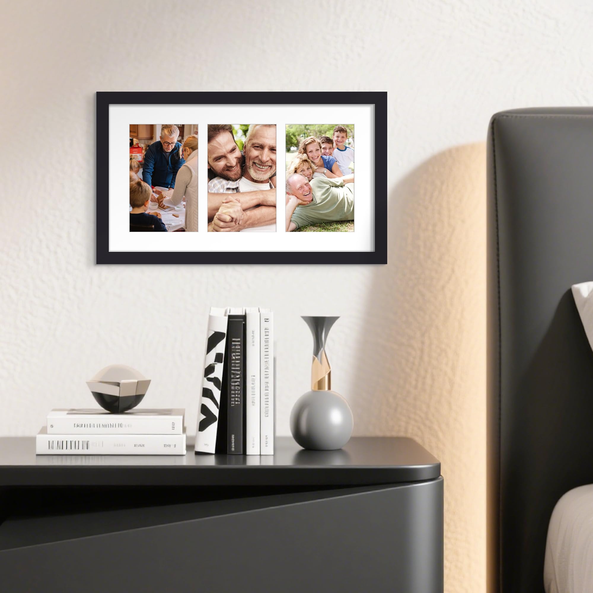 upsimples 8x16 Collage Picture Frame, Display Pictures 3 5x7 with Mat or 8x16 Without Mat, Wall Hanging 3 5x7 Picture Frame Collage Wall Decor, Black, 1 Pack