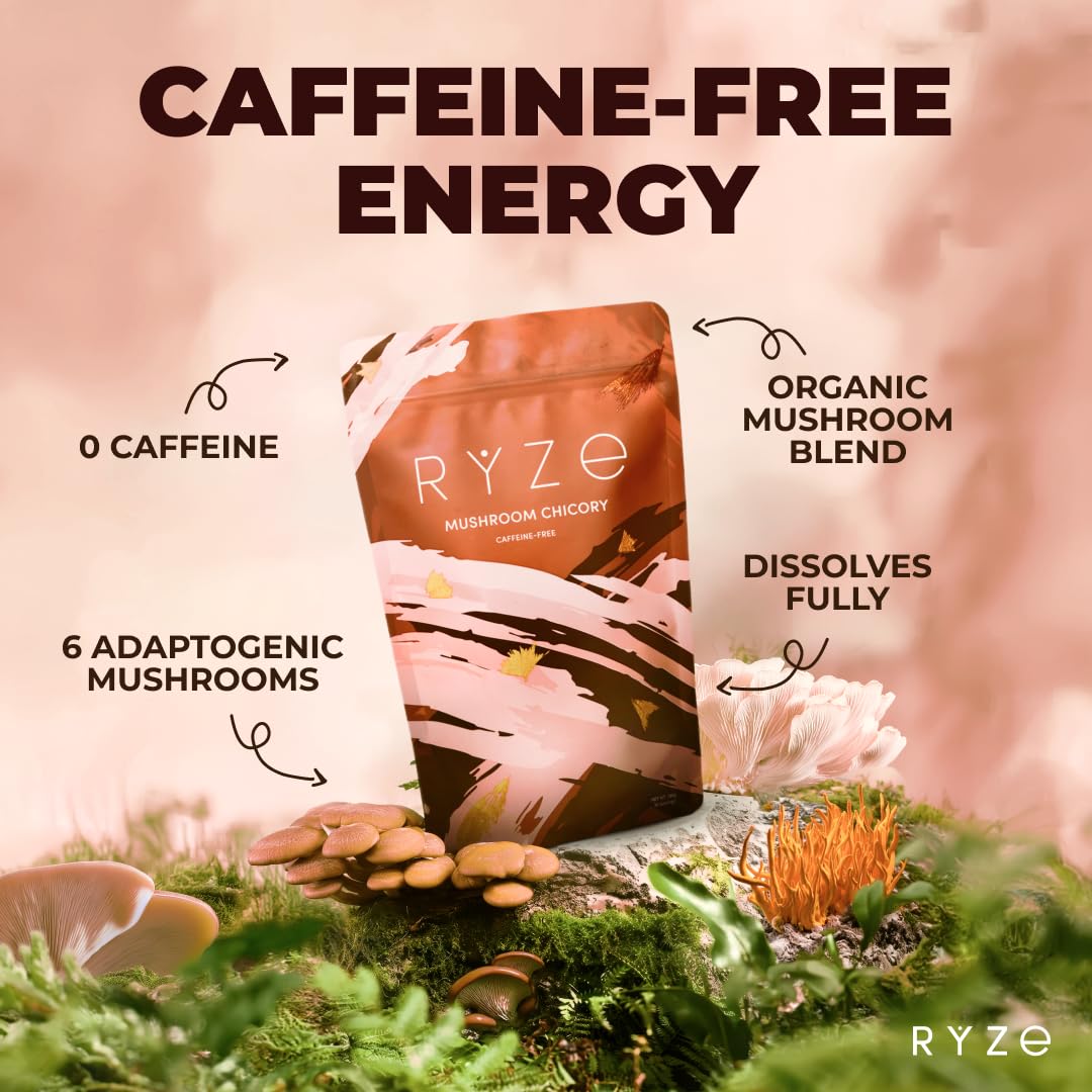 RYZE SUPERFOODS Mushroom Medium Roast Coffee USDA Organic with 6 Adaptogenic Mushrooms, USA Grown Instant Coffee for Better Energy, Focus Digestion Immunity with Lions Mane & Turkey Tail 30 Servings