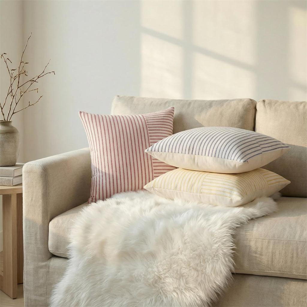YCOLL Farmhouse Pillow Covers 18x18, Modern Accent Square Throw Pillow Covers Set of 2, Gray and Beige Striped Patchwork Linen Decorative Pillows Cushion Covers for Couch Chair Bedroom Home Decor
