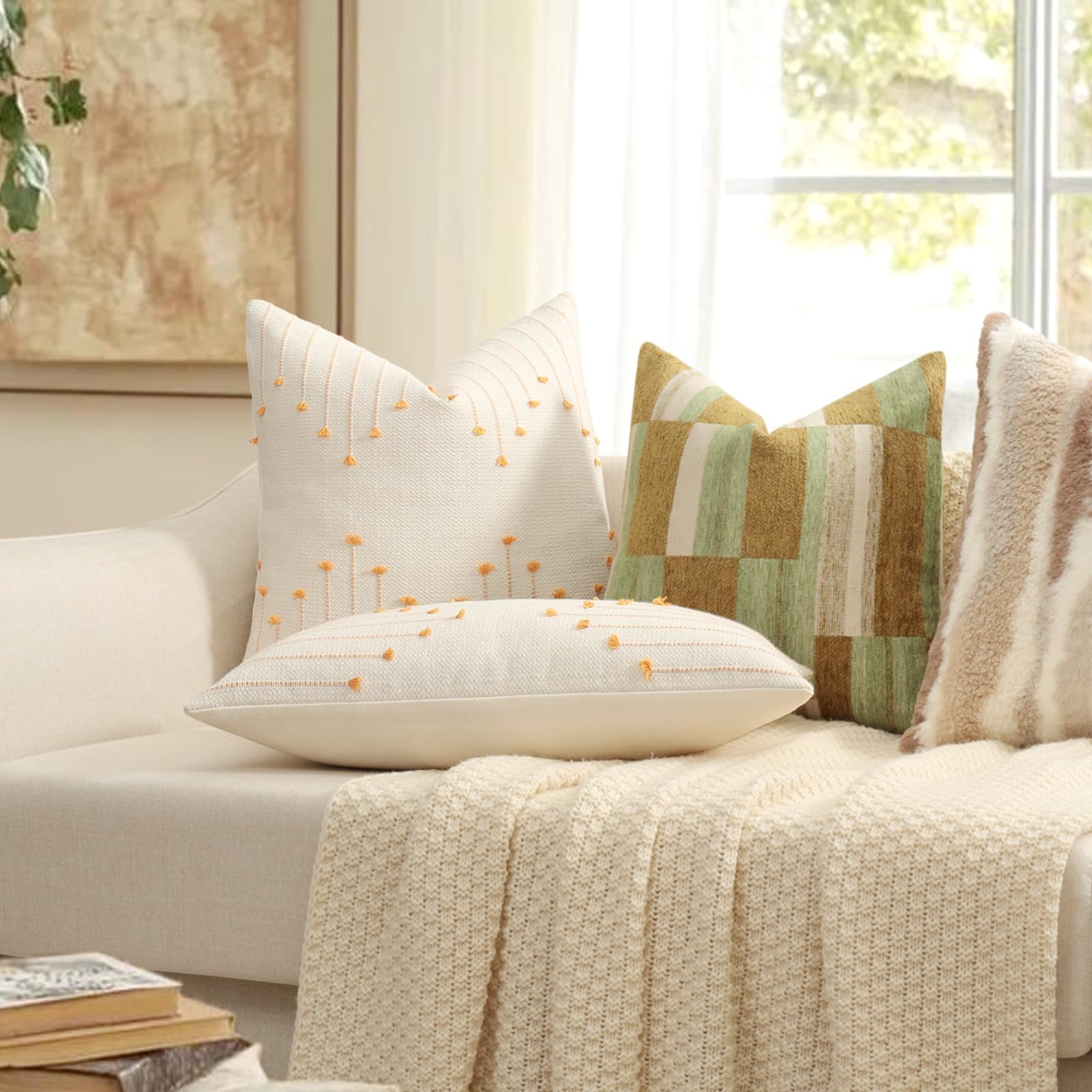 Boho Outdoor Throw Pillow Covers 18x18 Set of 2 Neutral Woven Decorative Pillowcases Cotton Tufted Couch Pillows Modern Farmhouse Cushion Covers for Sofa Couch Bed Living Room Home Decor, Navy Blue