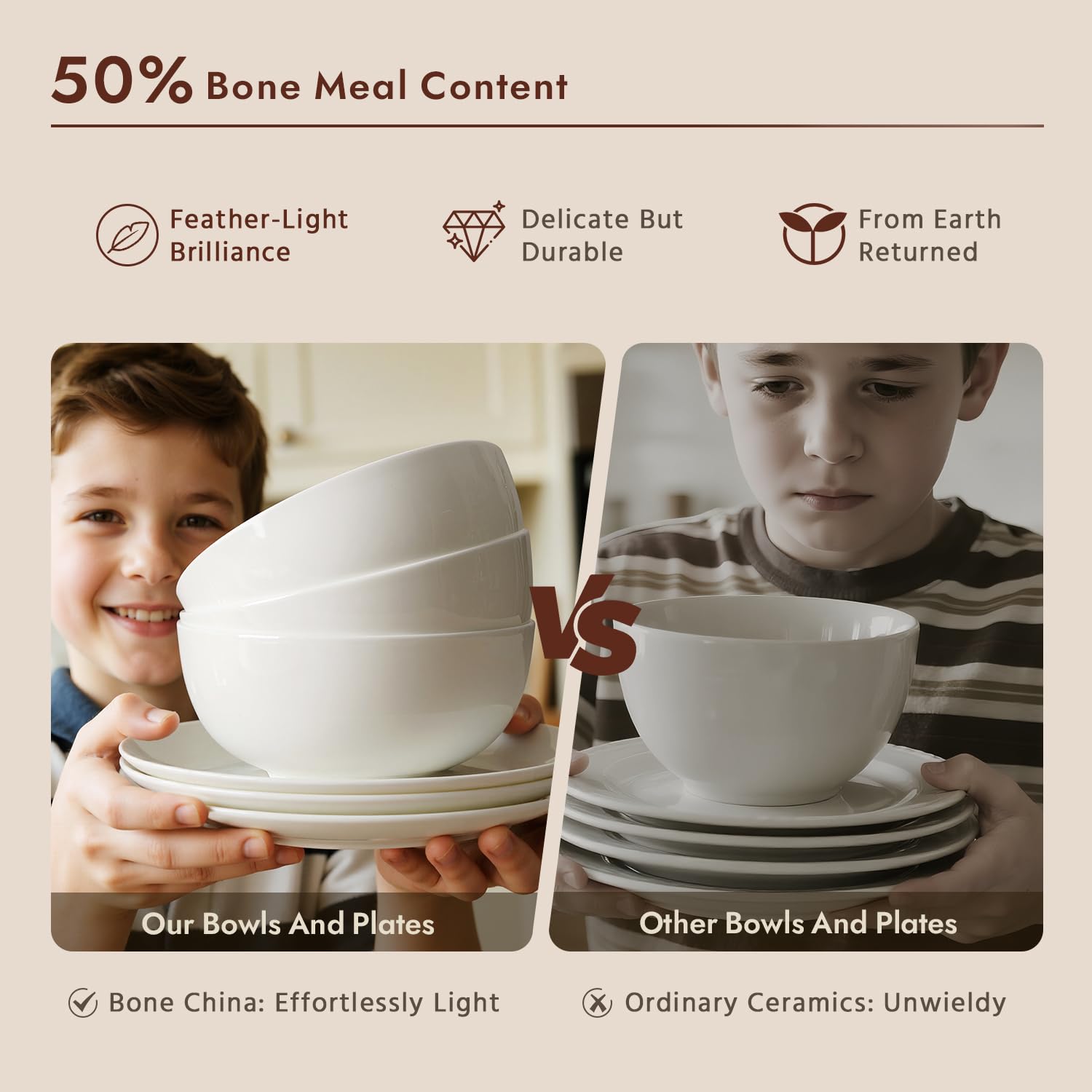 KINGSTONE 12-Piece Bone China Dinnerware Set for 4, Lightweight and Durable, Microwave and Dishwasher Safe, White Plates and Bowls for Everyday Use