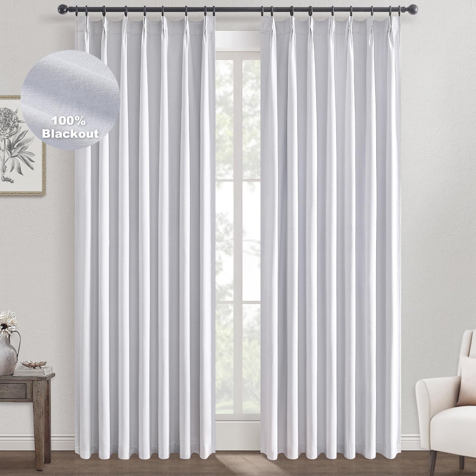 Topfinel Pinch Pleated Curtains 96 Inch Long, 100% Blackout Thermal Insulated Natural Linen Pinch Pleat Viral Drapes with Hooks Rings 2 Panel Sets, Neutral Beige Ivory 8FT Back Tab Window Curtains