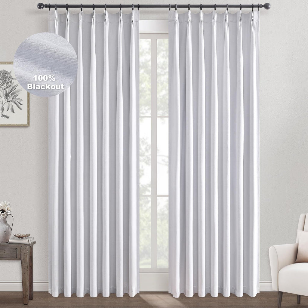 Topfinel Pinch Pleated Curtains 96 Inch Long, 100% Blackout Thermal Insulated Natural Linen Pinch Pleat Viral Drapes with Hooks Rings 2 Panel Sets, Neutral Beige Ivory 8FT Back Tab Window Curtains