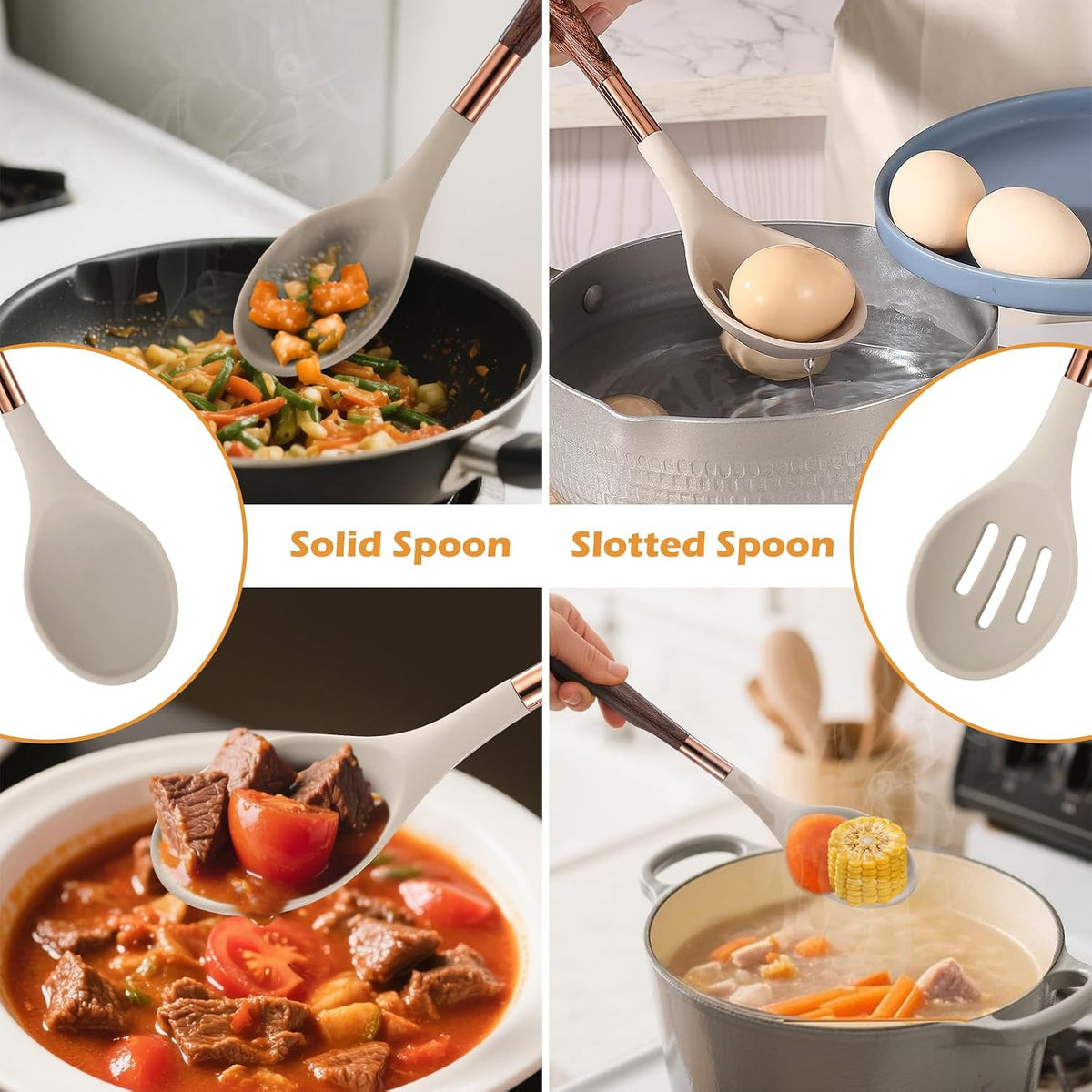MANJIA Silicone Slotted and Solid Cooking Spoons Set, 2 Piece, Khaki