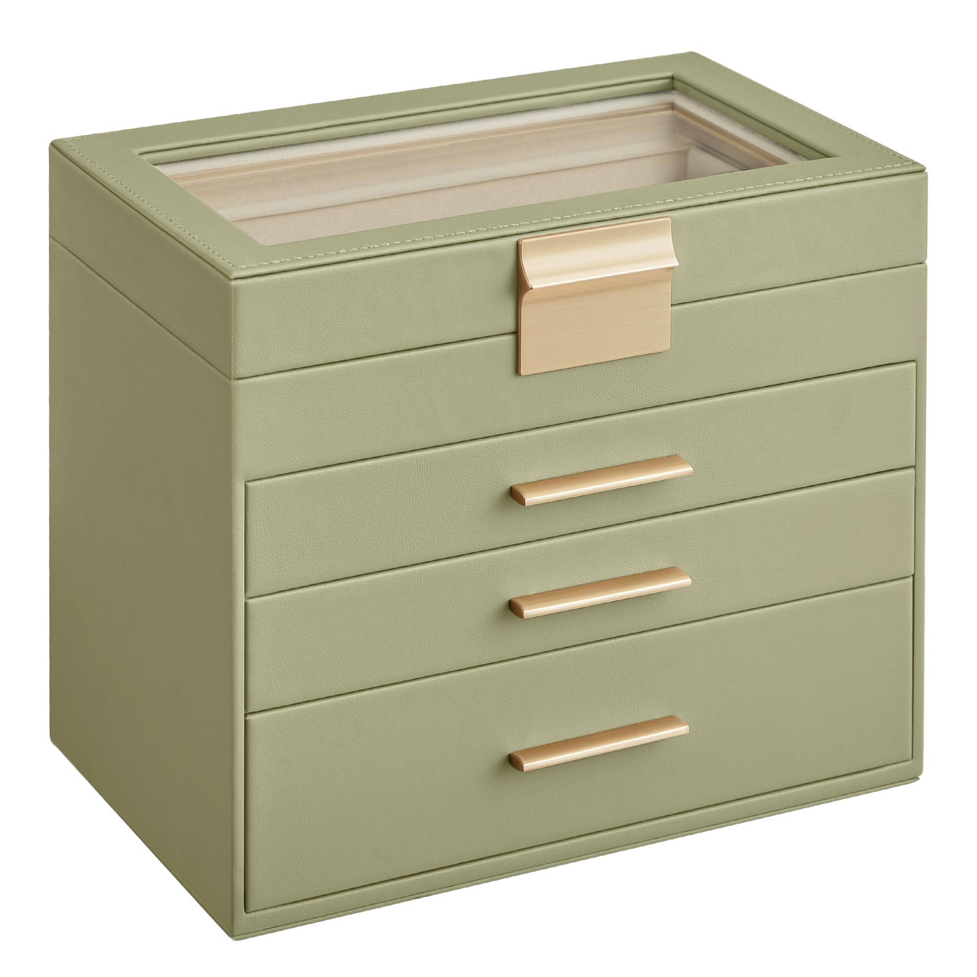 SONGMICS GISELLA Collection - Jewelry Box Organizer, 3-Layer Jewelry Storage with 2 Drawers, Shiny Metal Hardware, Glass Lid, Modern, 8 x 9.1 x 5.3 Inches, Cloud White and Gold Color UJBC239WT