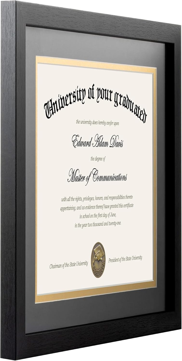 upsimples 11x14 Diploma Frame Certificate Degree Document Frame with High Definition Glass, 8.5 x 11 with mat for Wall and Tabletop, Black Double Mat, 1 Pack