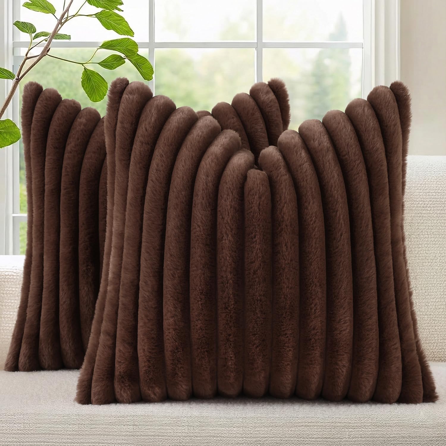 decorUhome Cozy Faux Fur Spring Throw Pillow Covers 18x18 Set of 2 Decorative Soft Plush Striped Modern Farmhouse Boho Couch Pillow Cases with Velvet Back for Sofa Bed Living Room, Cream White