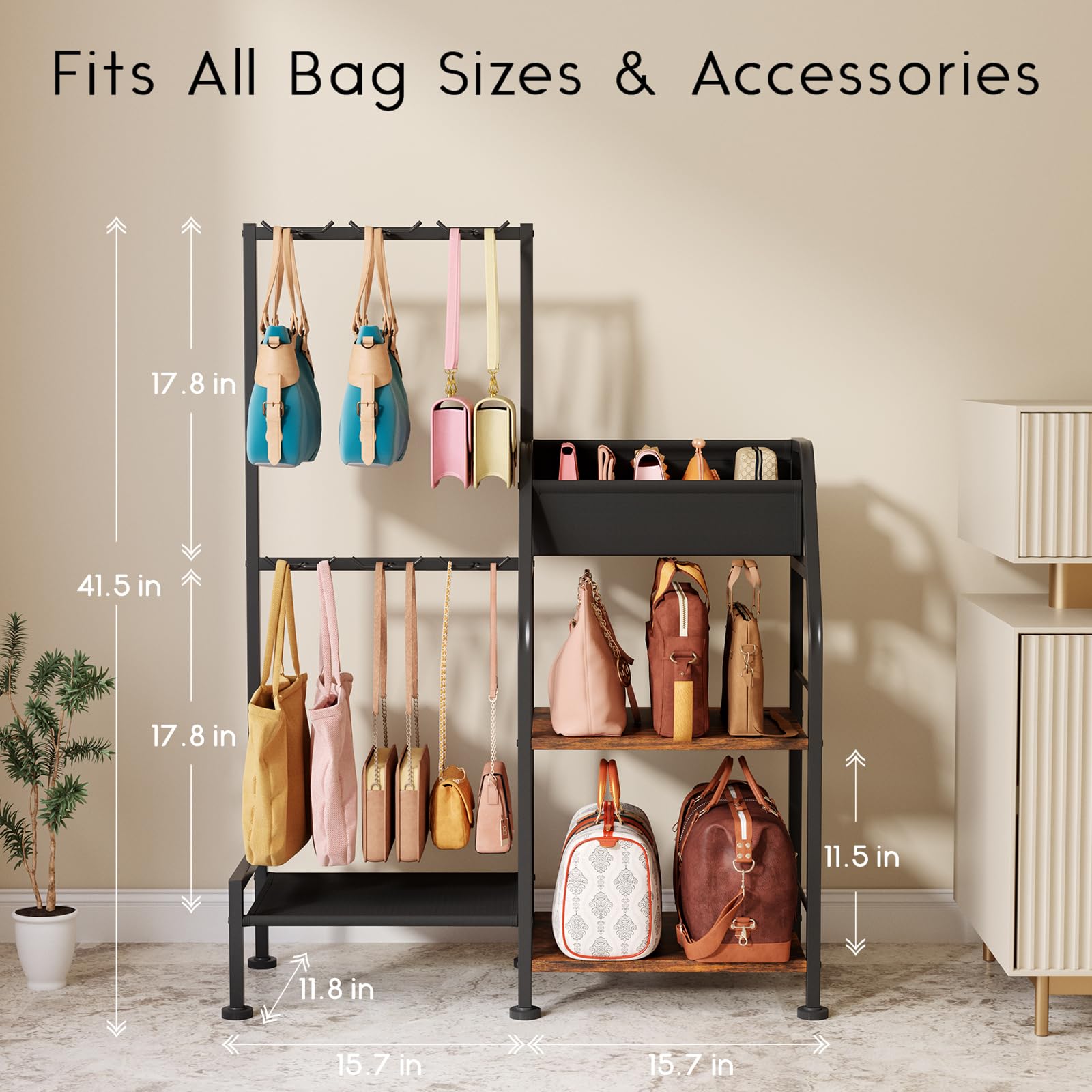 Homsorout Purse Organizer for Closet - Purse Rack Stand with 12 Hooks, 2 Wooden Shelves Purse Storage for Closet, Large Capacity Backpack Storage, Handbag Organizer for Home, Living Room, Black