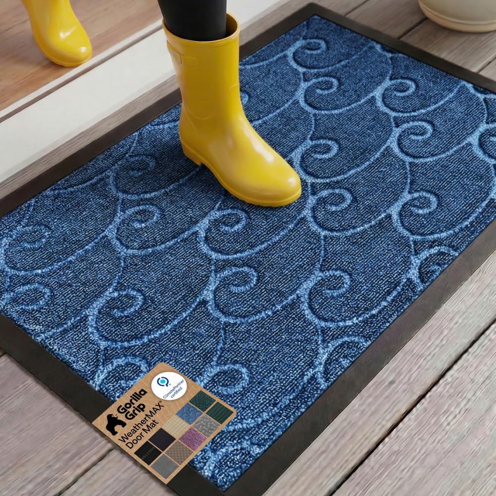 GORILLA GRIP 100% Waterproof All-Season WeatherMAX Doormat US Designed Natural Rubber, Stain Fade Resistant, Low Profile Indoor Outdoor Front Door Mats Outside Entrance, Easy Clean 29x17 Gray Diamond