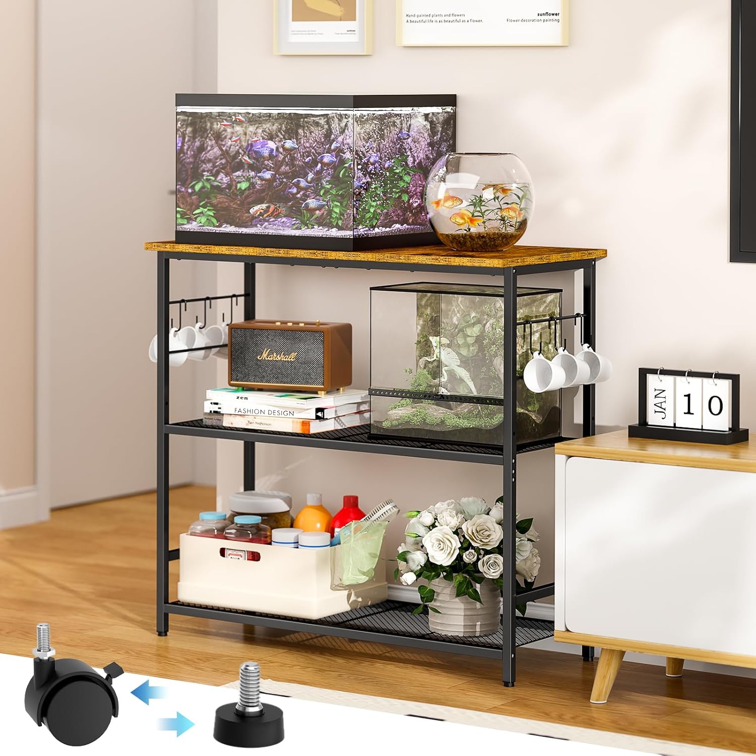 ThreeHio 20 Gallon Fish Tank Stand, 3 Tier Aquarium Stand with Adjustable Shelf, 33.11" L* 15.75" W Tabletop, Heavy Duty Terrarium Stand with Lockable Wheels, Rolling Storage Cart Shelf Rack Organizer for Kitchen, Living Room, Office, Balcony