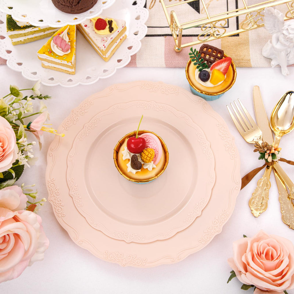 DaYammi 150Pcs Ivory Plastic Plates with Gold Rim,Disposable Plastic Plates Include 30 Dinner Plate,30 Salad Plate,30 Forks,30 Spoons,30 Knives,Ivory and Gold Plates for Party,Wedding,Mother's Day
