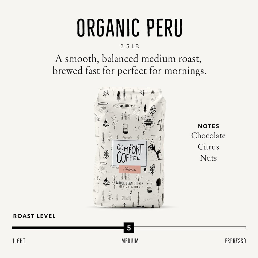 Mt. Comfort Coffee Organic Peru Medium Roast, 2.5 Pounds - Flavor Notes of Nutty, Chocolate, & Citrus - Sourced From Small, Peruvian Coffee Farms - Roasted Whole Beans