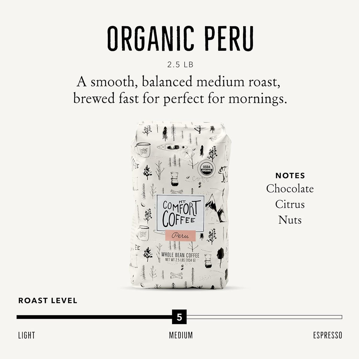 Mt. Comfort Coffee Organic Peru Medium Roast, 2.5 Pounds - Flavor Notes of Nutty, Chocolate, & Citrus - Sourced From Small, Peruvian Coffee Farms - Roasted Whole Beans