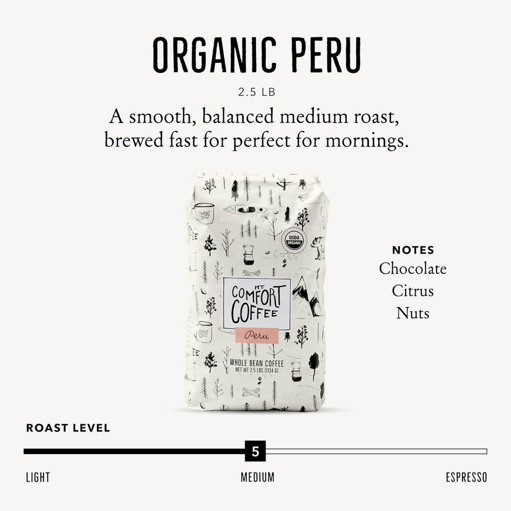 Mt. Comfort Coffee Organic Peru Medium Roast, 2.5 Pounds - Flavor Notes of Nutty, Chocolate, & Citrus - Sourced From Small, Peruvian Coffee Farms - Roasted Whole Beans