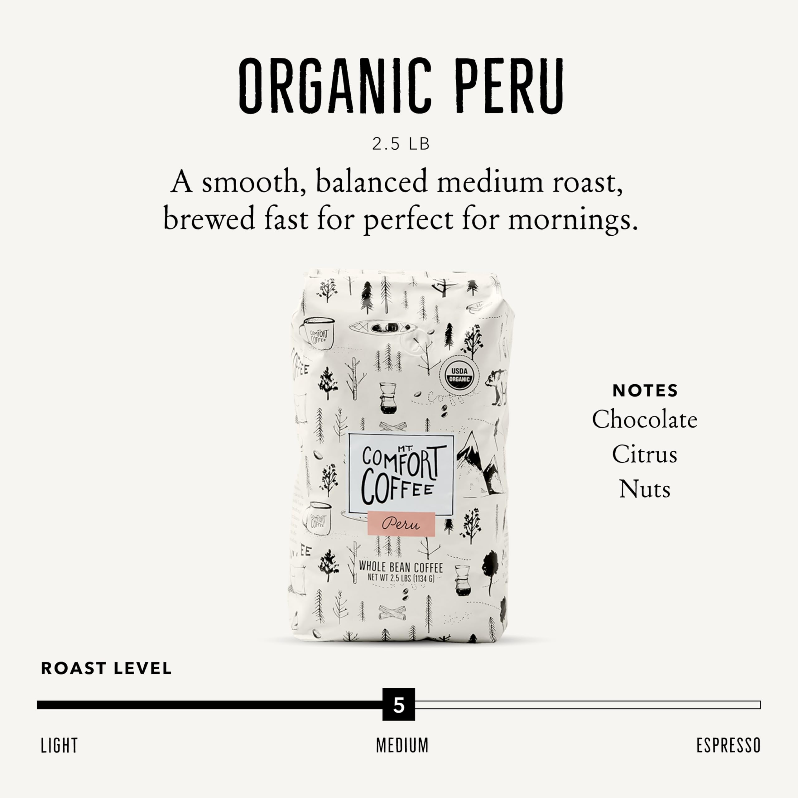 Mt. Comfort Coffee Organic Peru Medium Roast, 2.5 Pounds - Flavor Notes of Nutty, Chocolate, & Citrus - Sourced From Small, Peruvian Coffee Farms - Roasted Whole Beans
