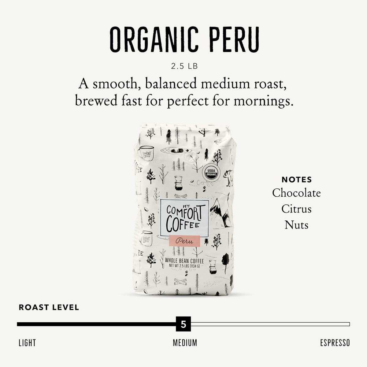 Mt. Comfort Coffee Organic Peru Medium Roast, 2.5 Pounds - Flavor Notes of Nutty, Chocolate, & Citrus - Sourced From Small, Peruvian Coffee Farms - Roasted Whole Beans