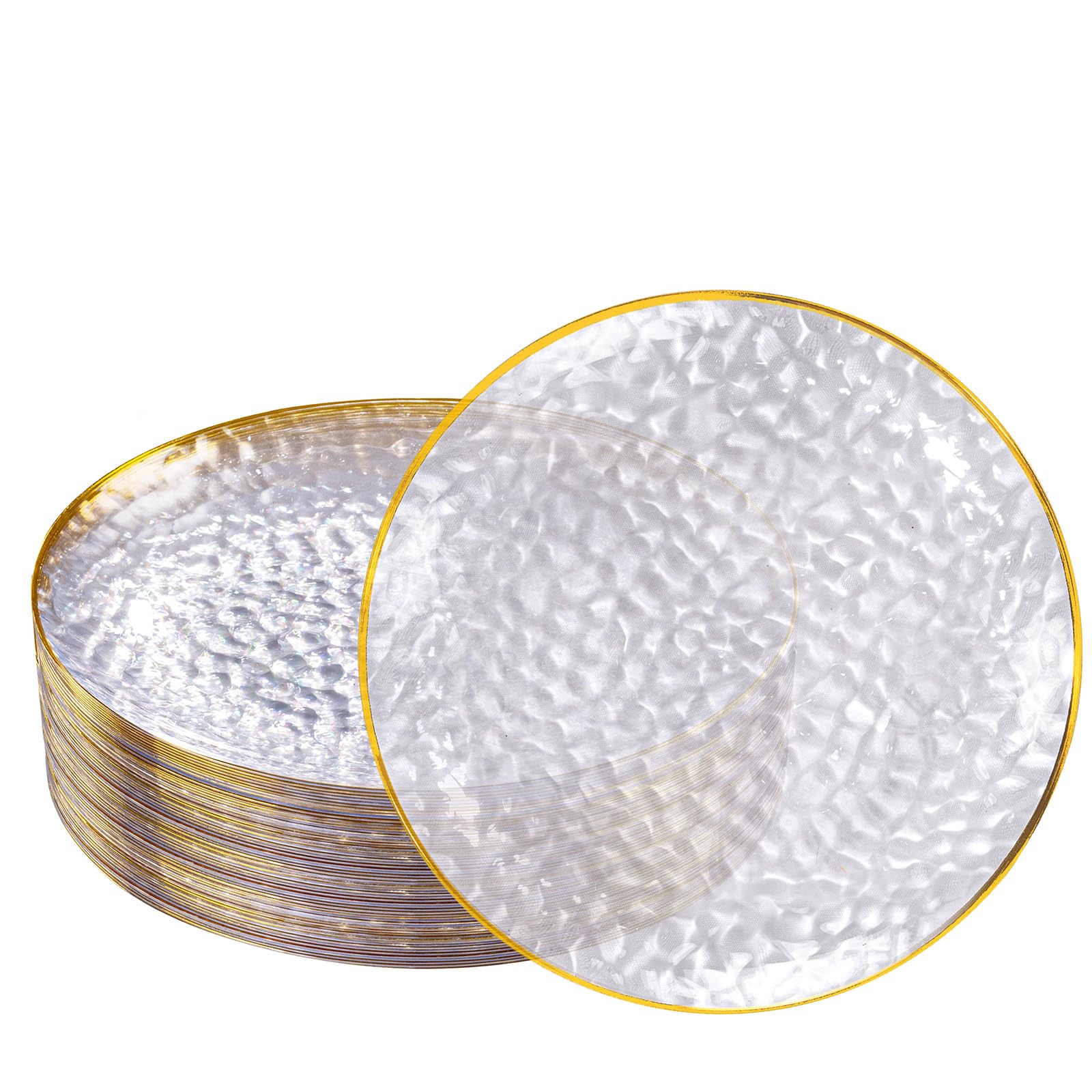 DaYammi 100 Pcs Clear Gold Plastic Plates, Hammered Party Plate, Fancy Plastic Plates Disposable Clear Disposable Dessert Platos, 7 Inch Heavy duty Plastic Dessert Platos for Party & Wedding