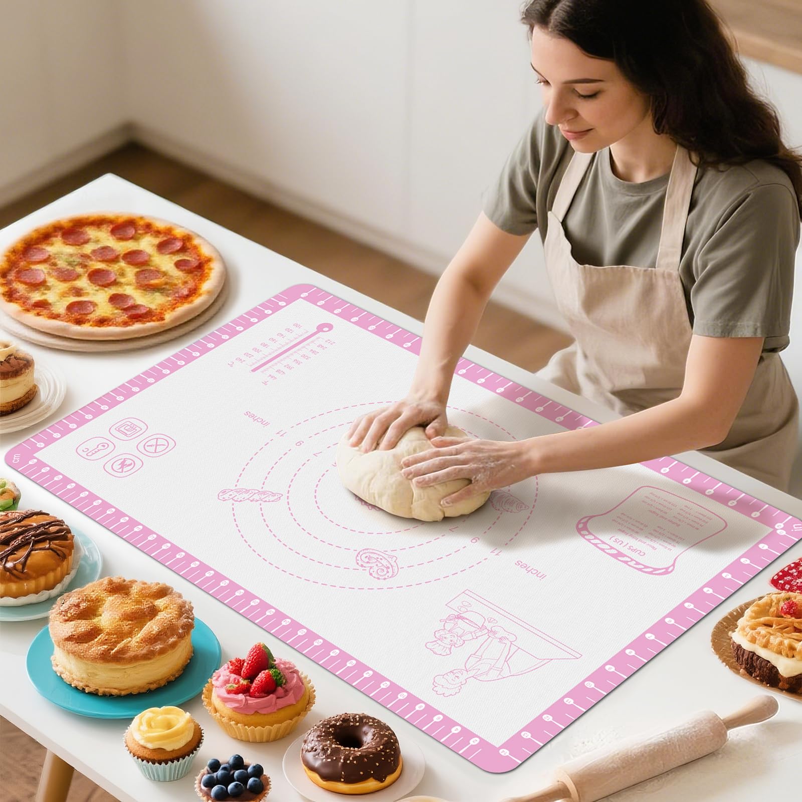 Silicone Baking Mat with Recipes, Extra Thick Silicone Mats for Baking, Non Stick Pastry Mat for Rolling Dough, Silicone Macaron Baking Mat for Cookie,Bread,Pizza,Fondant Mat, Oven&Dishwasher Safe