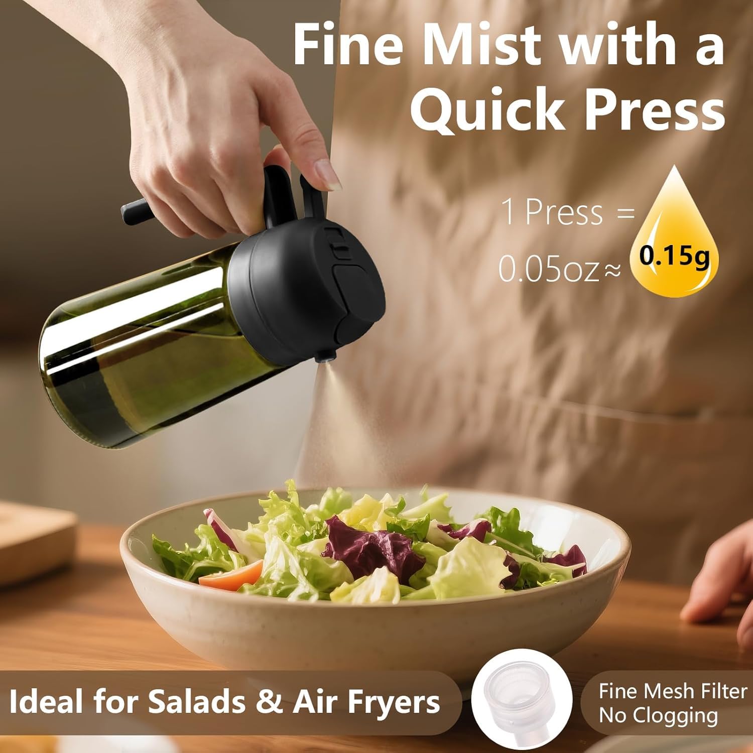 SWEET VIEW Olive Oil Dispenser and Oil Sprayer – 16oz/470ml Glass Light-Proof Oil Pourer for Kitchen, Air Fryer, Cooking, Salad, and BBQ