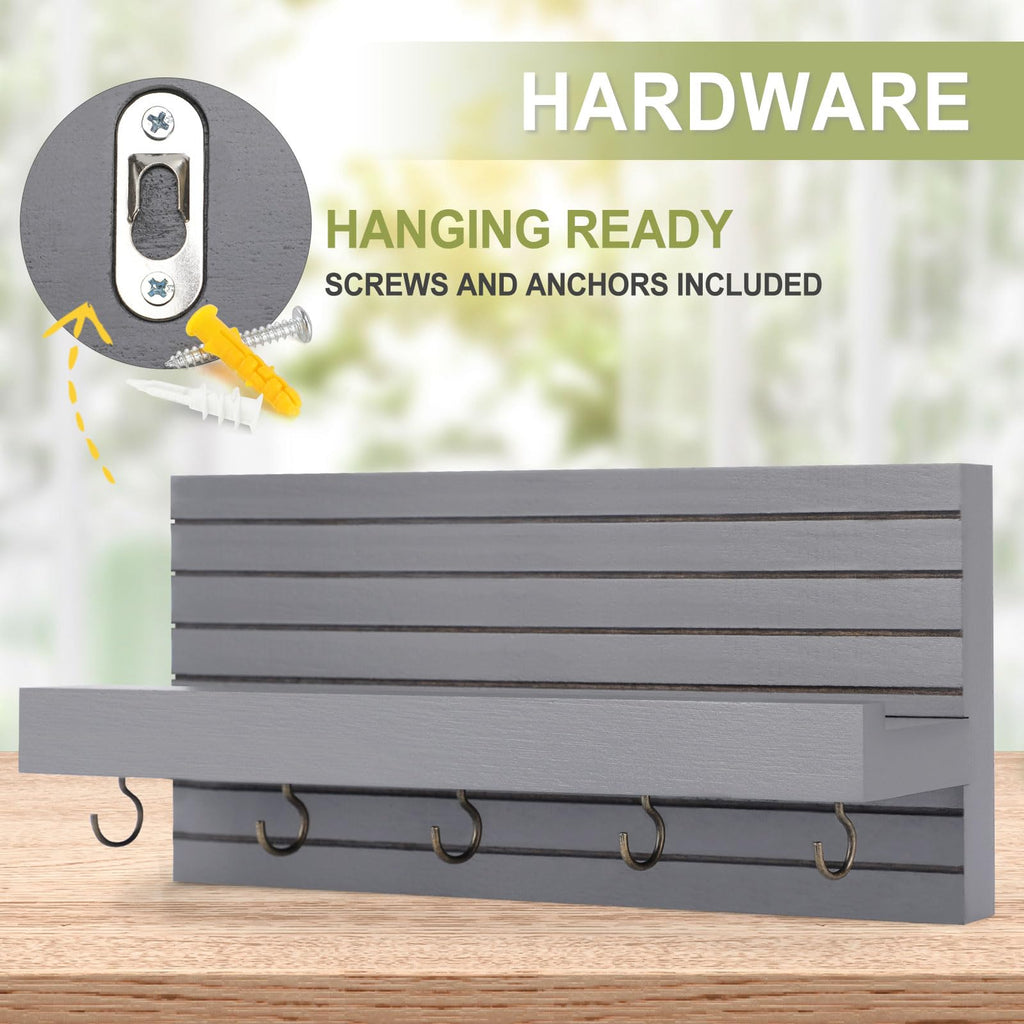 Decorative Key Holder for Wall with Shelf, Entryway Shelf with Hooks Holds Leashes, Jackets and Glasses – Sturdy Wood Keyholder Entrance Hanger with Mounting Hardware (Black, Medium)