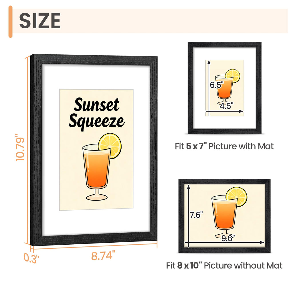 upsimples 8x10 Picture Frame, Lightweight Thin Frame for Prints, Display 5x7 with Mat or 8x10 Without, Easy Wall Hanging, Black 2 Pack