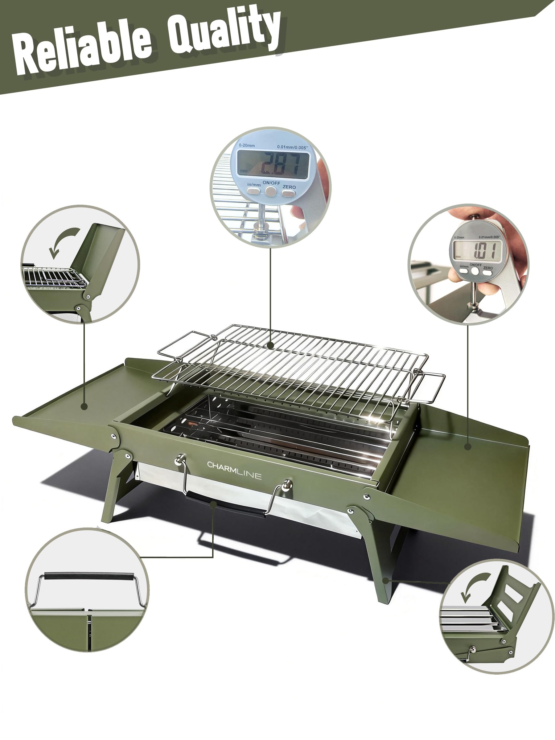 Charmline 14 x 9 inches Portable Charcoal BBQ Grill, Foldable Compact Camping Barbecue for 1–3 People, Ideal for Garden, Beach, Picnic & Tabletop Use, Green