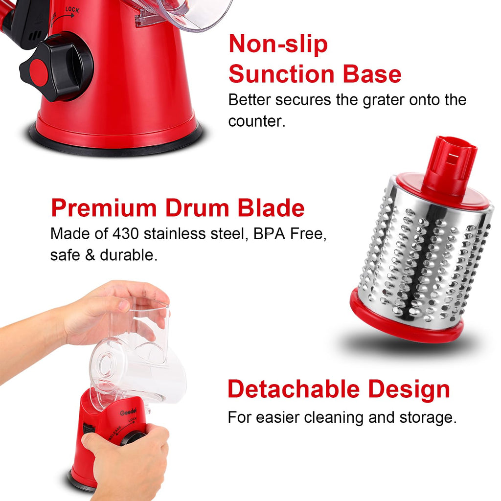 Geedel Rotary Cheese Grater, Kitchen Mandoline Vegetable Slicer with 3 Interchangeable Blades, Easy to Clean Rotary Grater Slicer for Fruit, Vegetables, Nuts