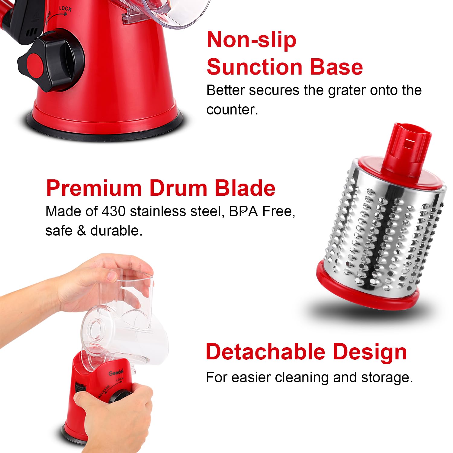 Geedel Rotary Cheese Grater, Kitchen Mandoline Vegetable Slicer with 3 Interchangeable Blades, Easy to Clean Rotary Grater Slicer for Fruit, Vegetables, Nuts