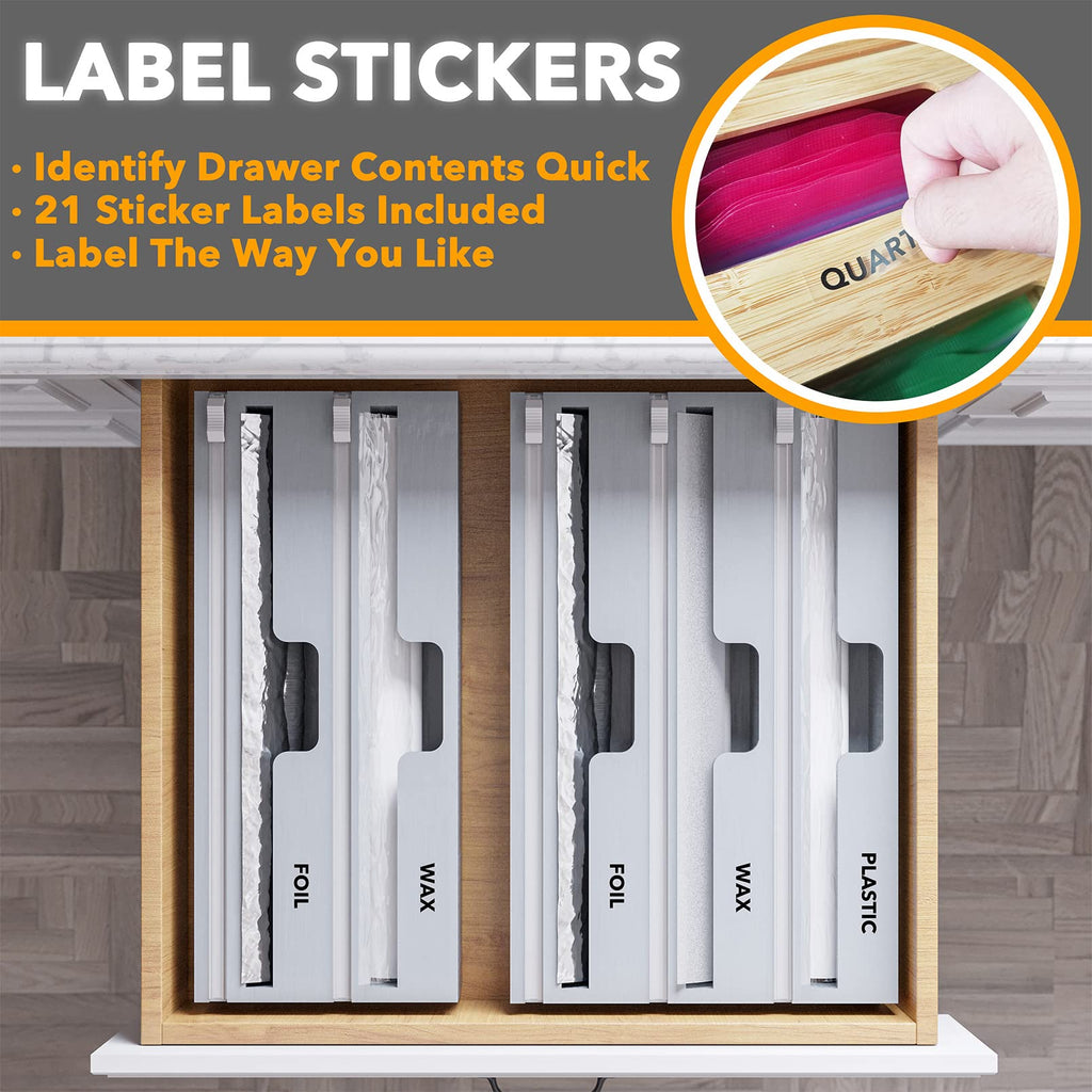 SpaceAid WrapNeat 3 in 1 Wrap Organizer with Cutter and Labels, Plastic Wrap, Aluminum Foil and Wax Bamboo Dispenser for Kitchen Storage Organization Holder for 12" Roll (Natural)