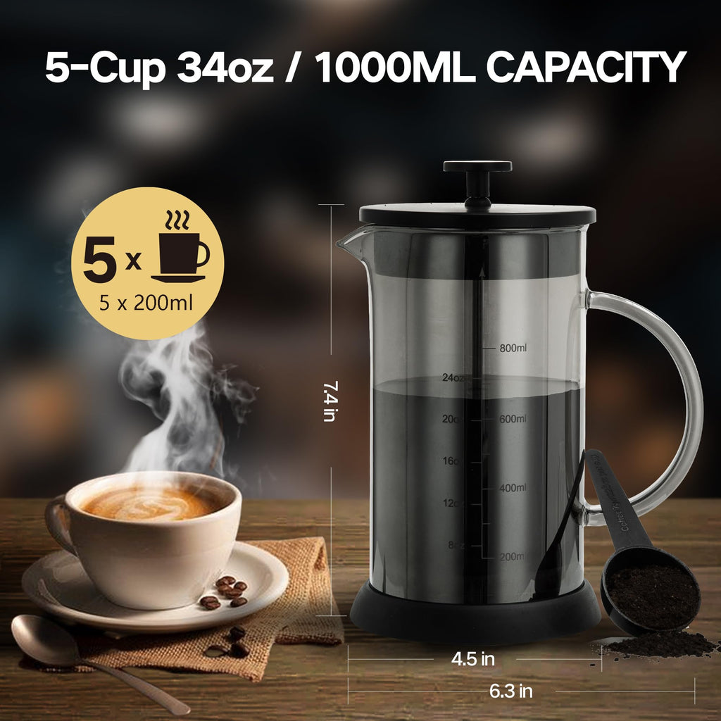YMMIND French Press Coffee Maker 304 Stainless Steel Coffee Press,with 4 Filters System, Heat Resistant Thickness Borosilicate French Press Glass, BPA-Free Brewed Tea Pot Coffee Plunger(Copper 12oz)