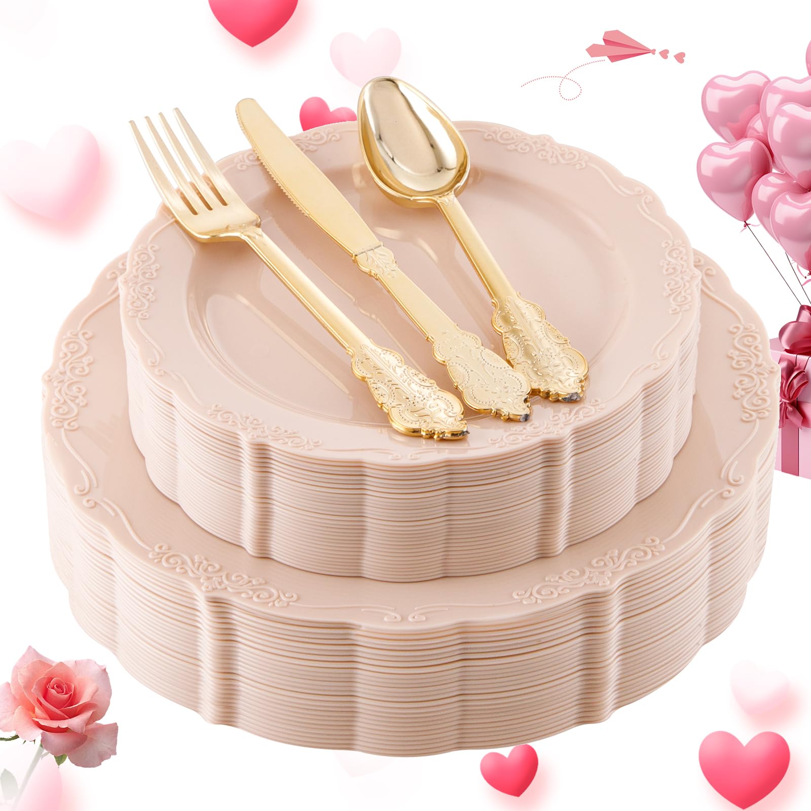 DaYammi 150Pcs Ivory Plastic Plates with Gold Rim,Disposable Plastic Plates Include 30 Dinner Plate,30 Salad Plate,30 Forks,30 Spoons,30 Knives,Ivory and Gold Plates for Party,Wedding,Mother's Day