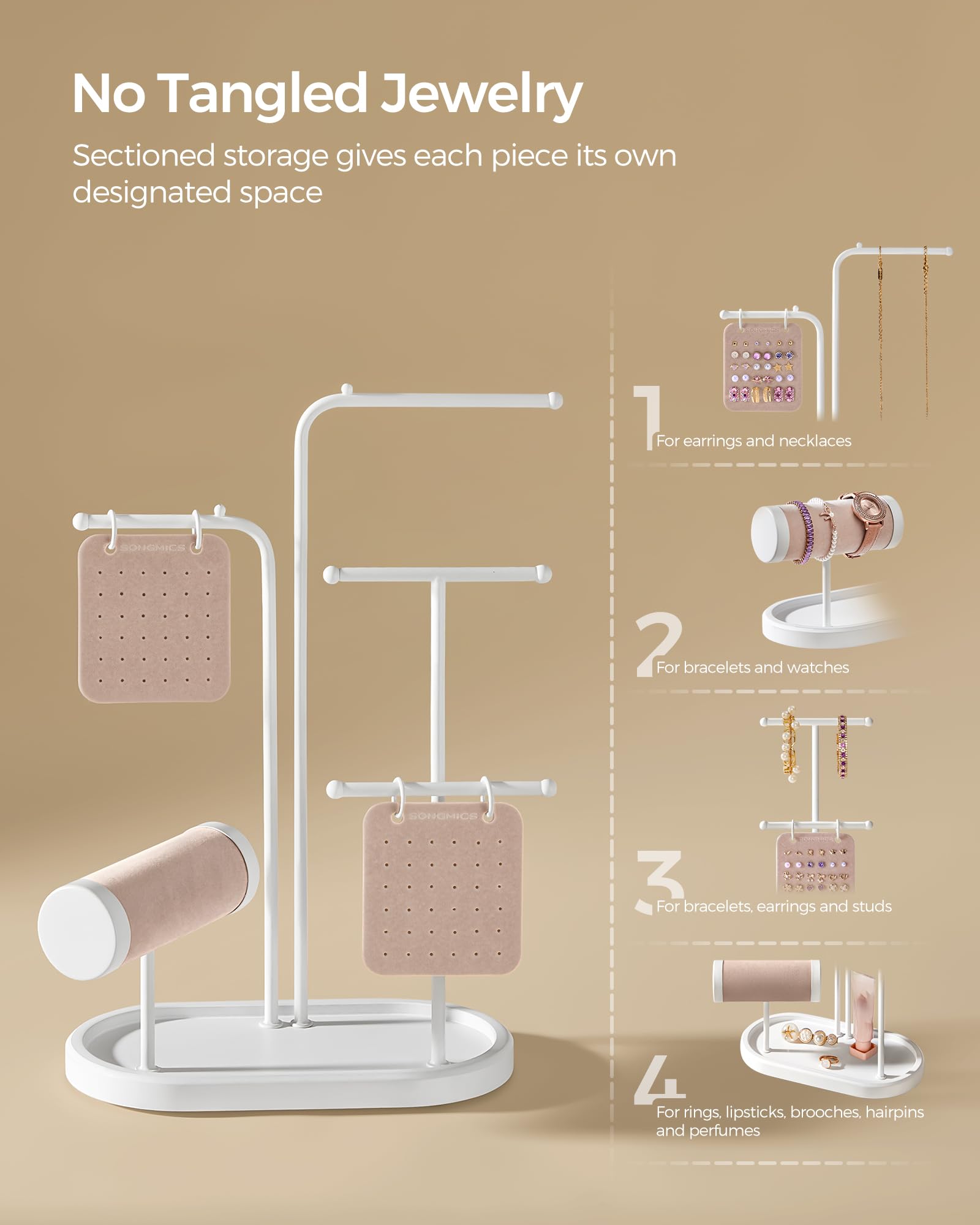 SONGMICS Jewelry Stand, Jewelry Organizer, Jewelry Display Holder with Metal Frame, 2 Earring Boards, 4 Hanging Rods, Necklace Earring Bracelet Holder, for Watches, Metallic Gold UJJS025A01