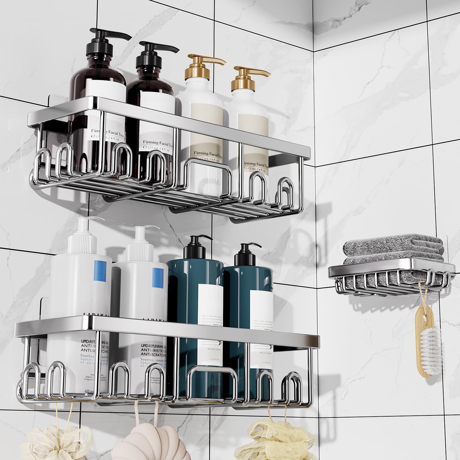 Veken Shower Caddy 6-Pack, Advanced Rustproof Design, No Drilling Adhesive Shelves, Rack with Soap Holder, Large Capacity Bathroom Organizers and Storage, Wall-Mounted Kitchen & Home Decor