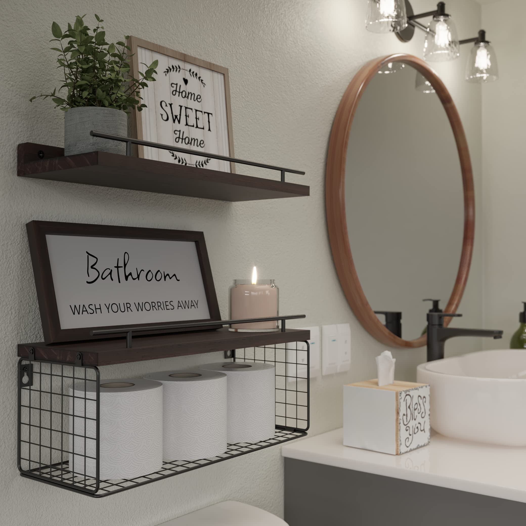 WOPITUES Floating Shelves for Wall Decor Sign, Bathroom Organizers and Storage, Bathroom Shelves Over Toilet with Metal Guardrail-Black