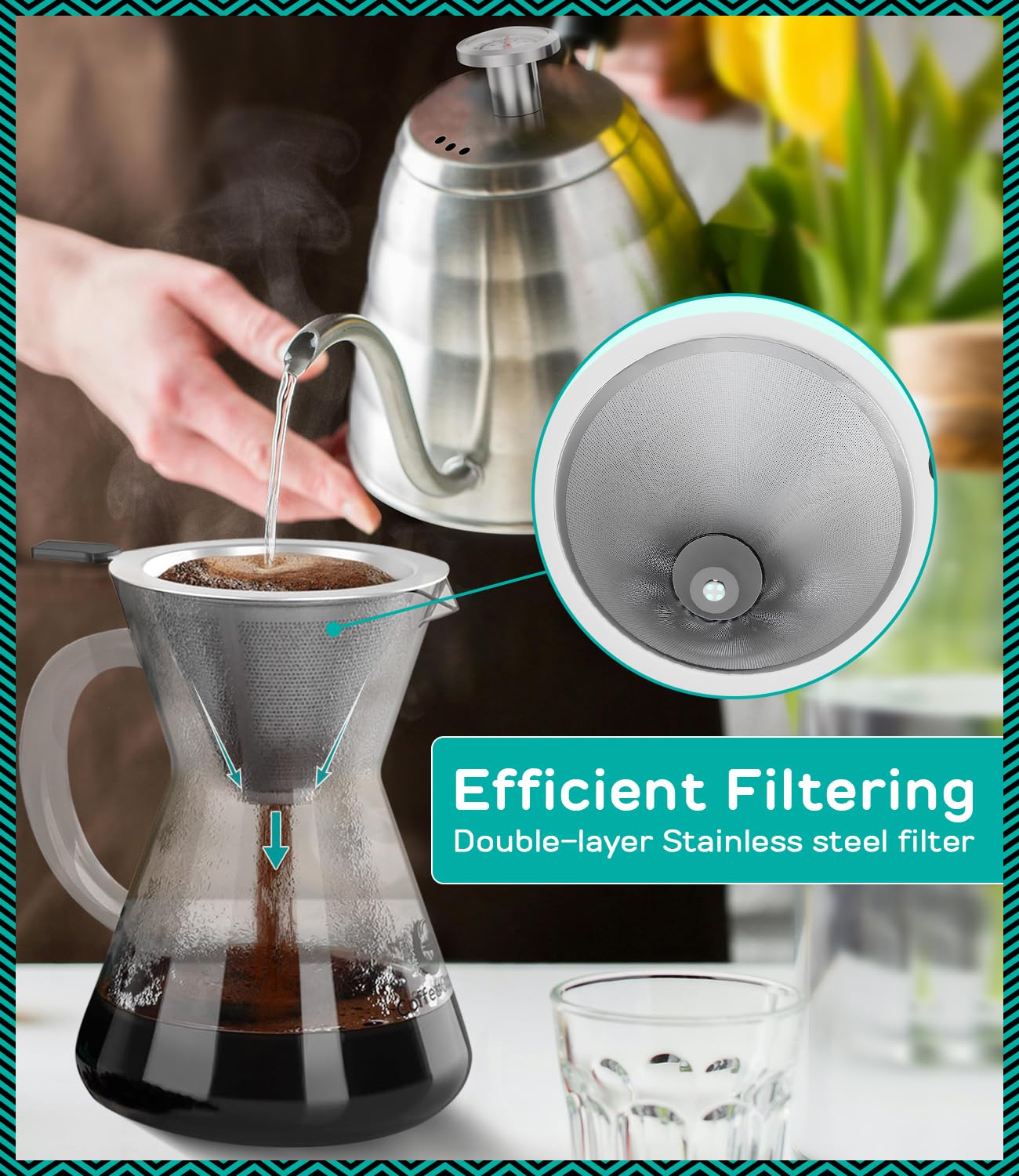 Coffee Gator Pour Over Coffee Maker - 27oz High Heat Borosilicate Glass with Reusable Stainless Steel Filter, Drip Coffee Brewer Dripper Set Carafe, 800ml Clear