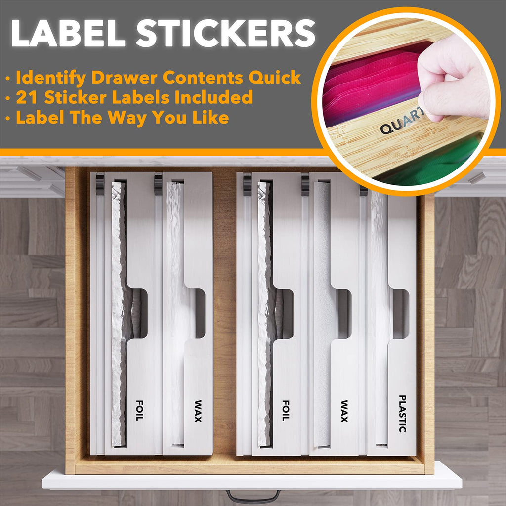 SpaceAid WrapNeat 3 in 1 Wrap Organizer with Cutter and Labels, Plastic Wrap, Aluminum Foil and Wax Bamboo Dispenser for Kitchen Storage Organization Holder for 12" Roll (Natural)