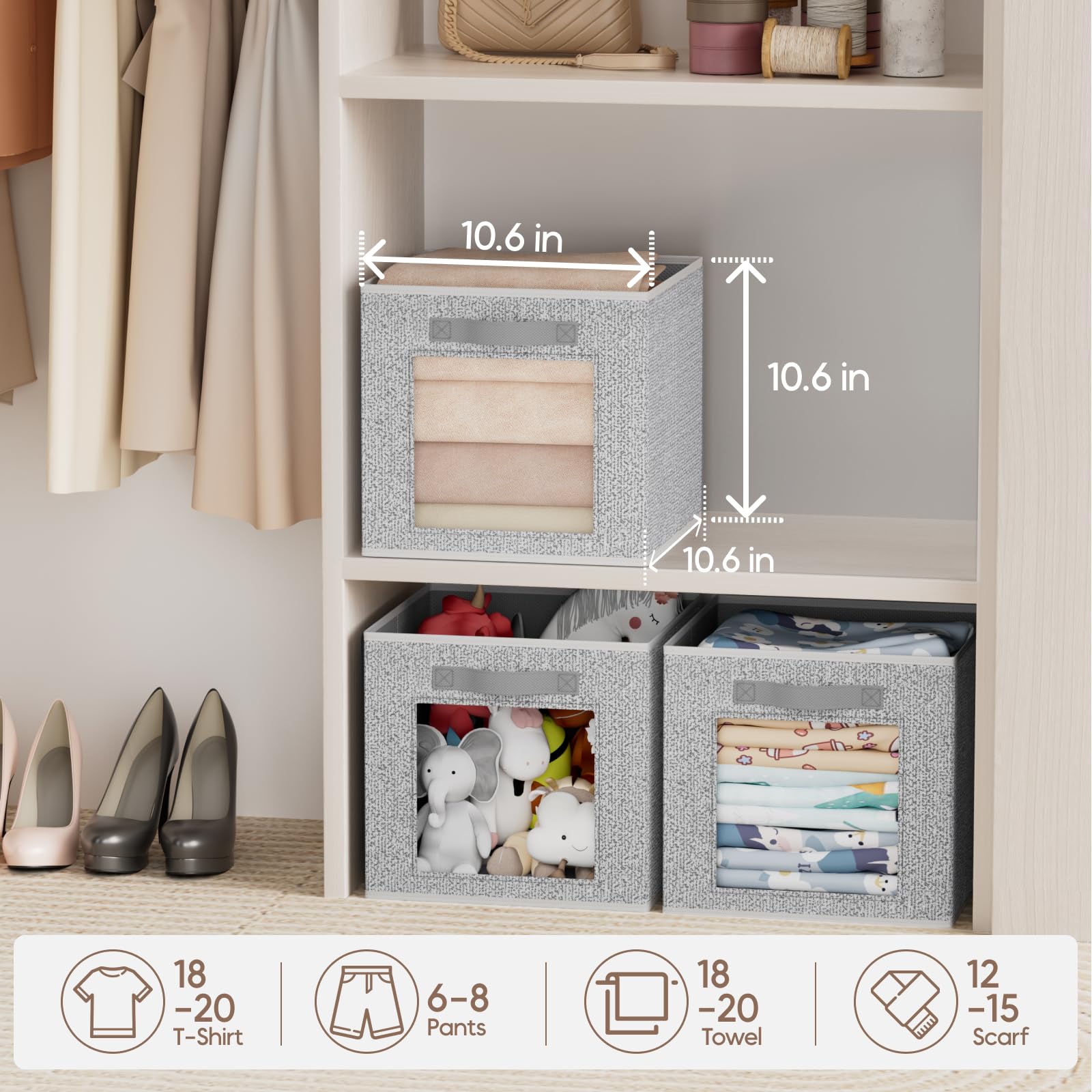 Homsorout Storage Cube 11 Inch - Cube Storage Bins with Window, Closet Storage Baskets with Handle, Fabric Bins for Closet, Shelves, Toys, Clothes, Set of 6, Grey