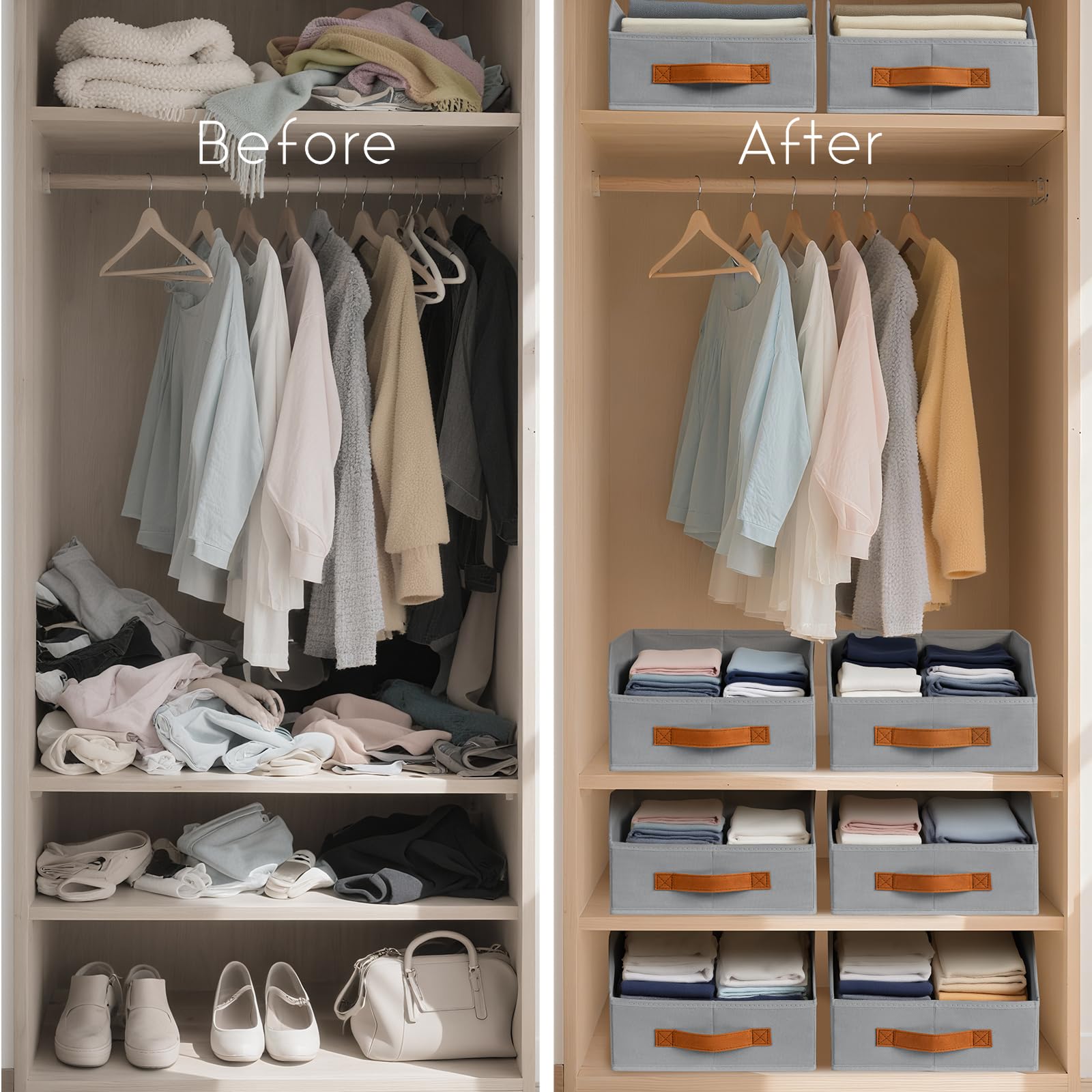 Homsorout Fabric Storage Bins for Organizing - 6 Pack Large Trapezoid Collapsible Storage Bins with Front Handle, Closet Organizers and Storage for Bedroom, Home Shelves, Small Spaces, Beige