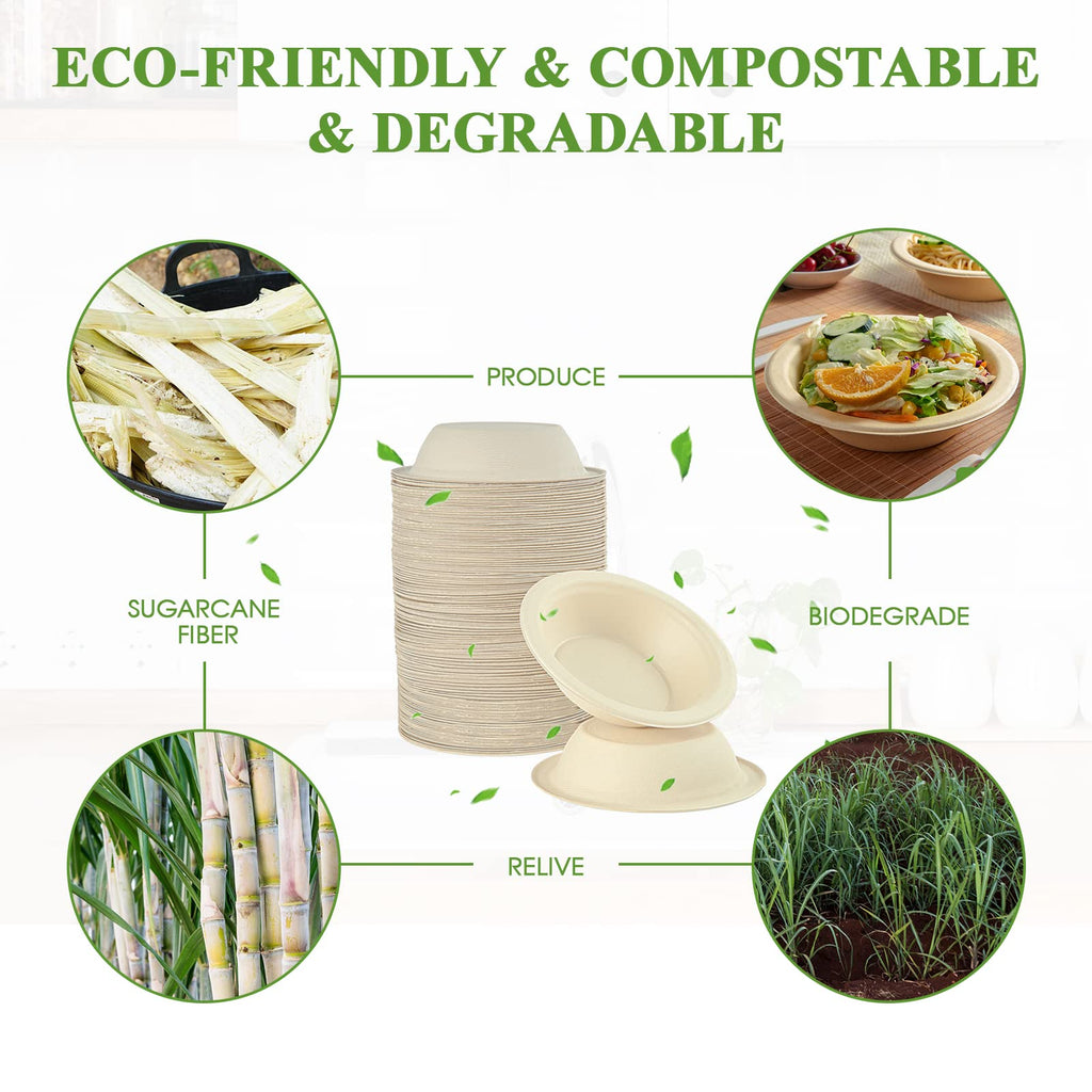 Vplus 200 Pack 12 OZ Paper Bowls, Disposable Compostable Bulk, Eco-friendly Bagasse, Heavy-duty Bowls Perfect for Milk Cereals, Snacks, Salads