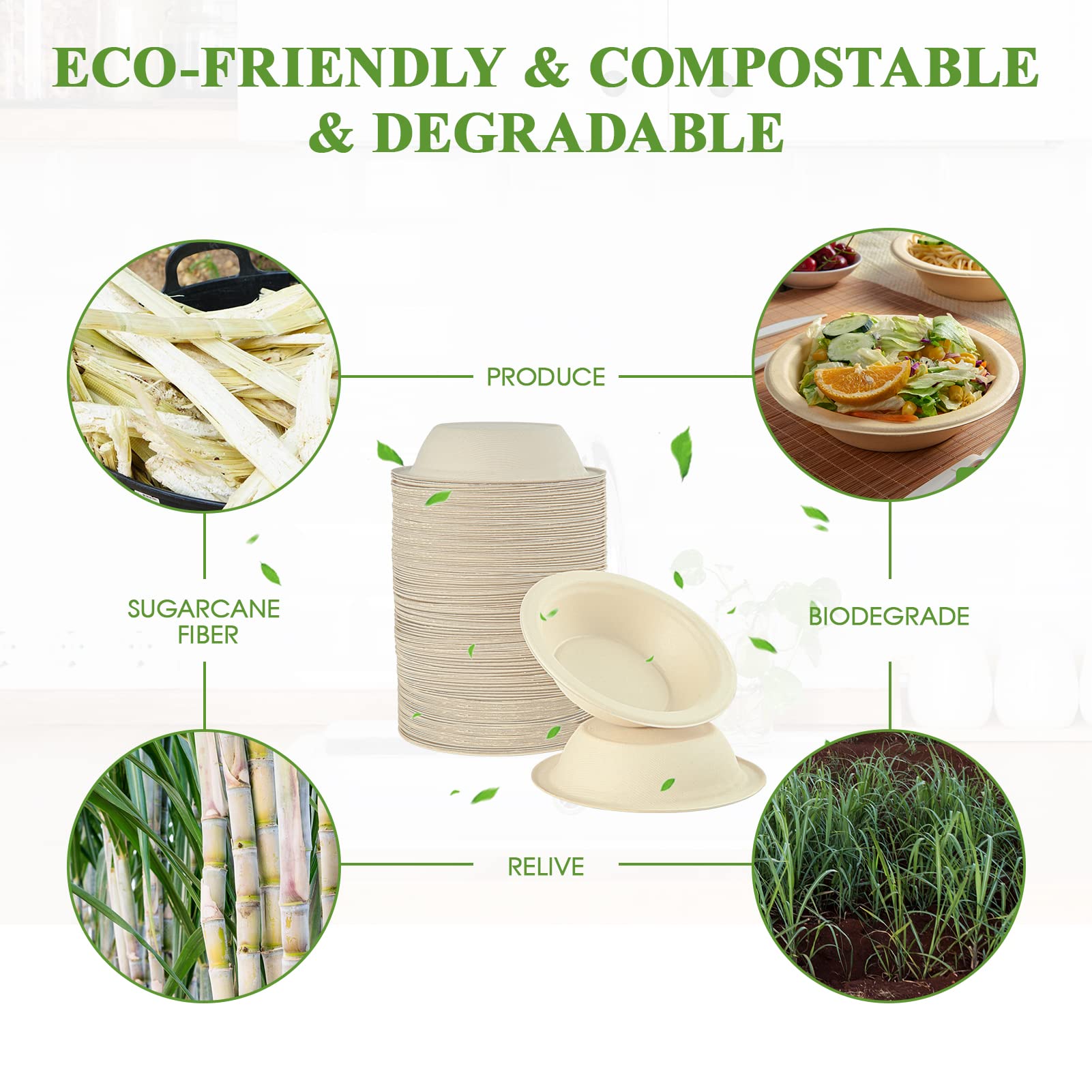 Vplus 200 Pack 12 OZ Paper Bowls, Disposable Compostable Bulk, Eco-friendly Bagasse, Heavy-duty Bowls Perfect for Milk Cereals, Snacks, Salads