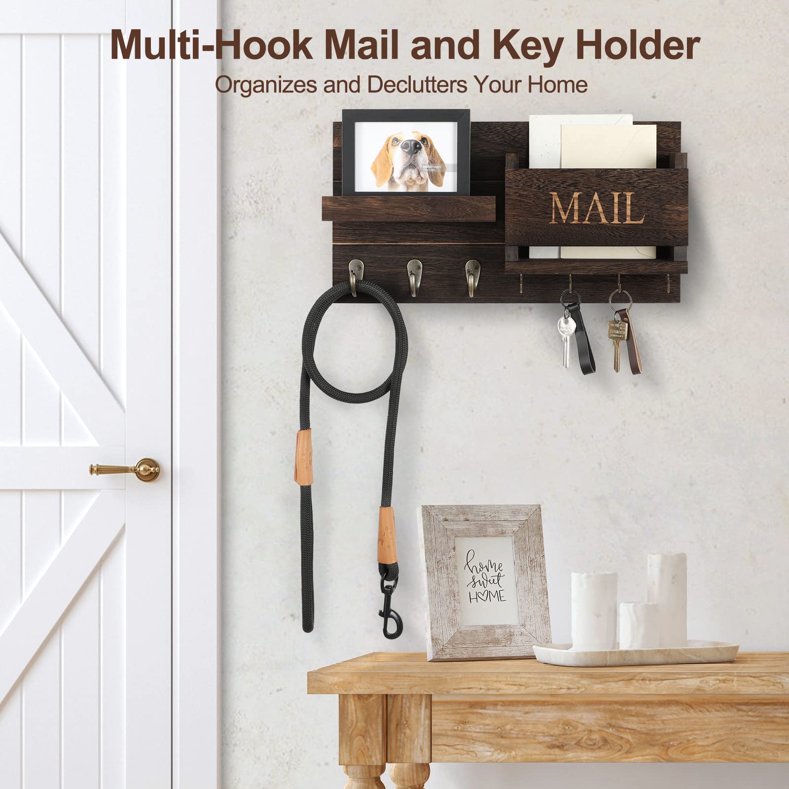 Mail Organizer for Wall Mount – Key Holder with Shelf Includes Letter Holder and Hooks for Hallway Farmhouse Decor – Rustic Wood with Flush Mounting Hardware (16.5” x 9.1” x 3.4”) (White)