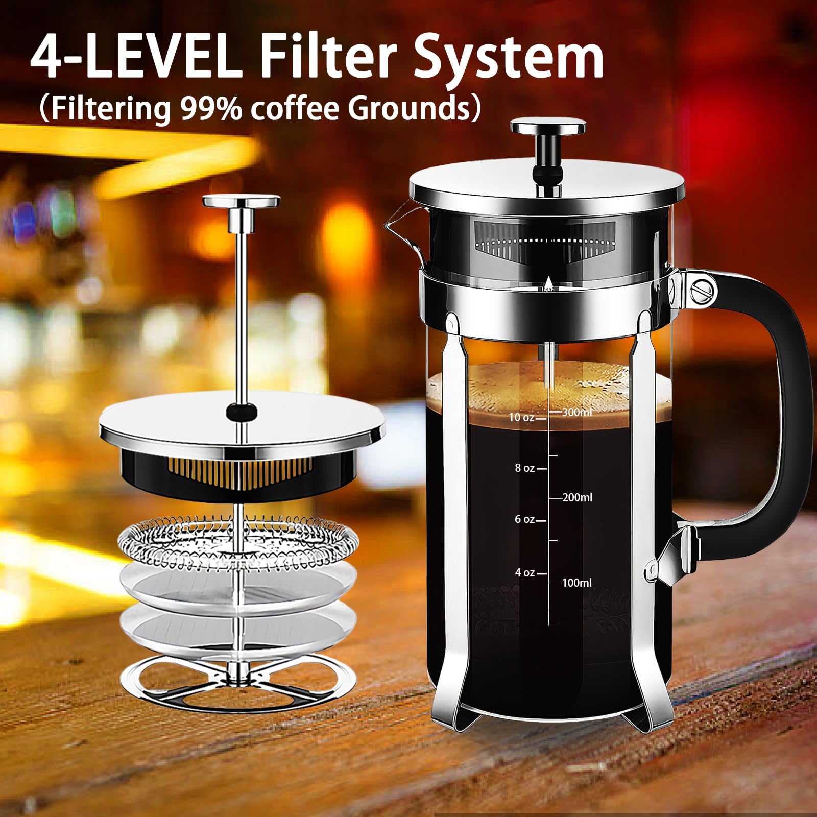 YMMIND French Press Coffee Maker 304 Stainless Steel Coffee Press,with 4 Filters System, Heat Resistant Thickness Borosilicate French Press Glass, BPA-Free Brewed Tea Pot Coffee Plunger(Copper 12oz)