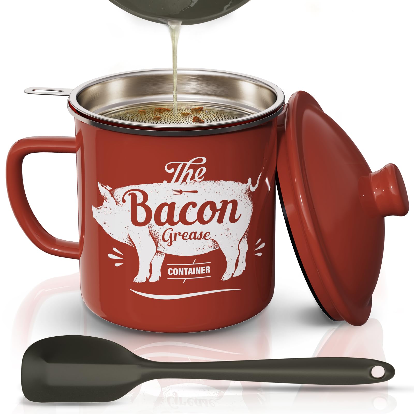 PGYARD Mini Bacon Grease Container With Strainer - 15OZ Enamel Grease Saver, Farmhouse Bacon Grease Keeper For Kitchen Fat Storage, Dishwasher Safe-Red