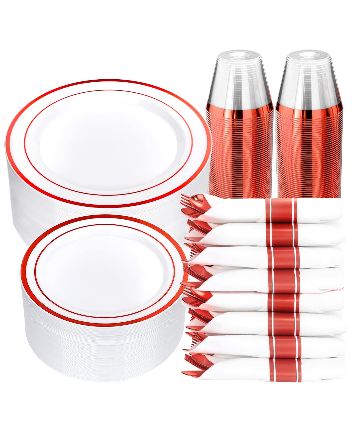 Goodluck 350 Piece Silver Plastic Dinnerware Set for 50 Guests, Fancy Disposable Plates for Party, Include: 50 Dinner Plates, 50 Dessert Plates, 50 Pre Rolled Napkins with Silver Silverware, 50 Cups