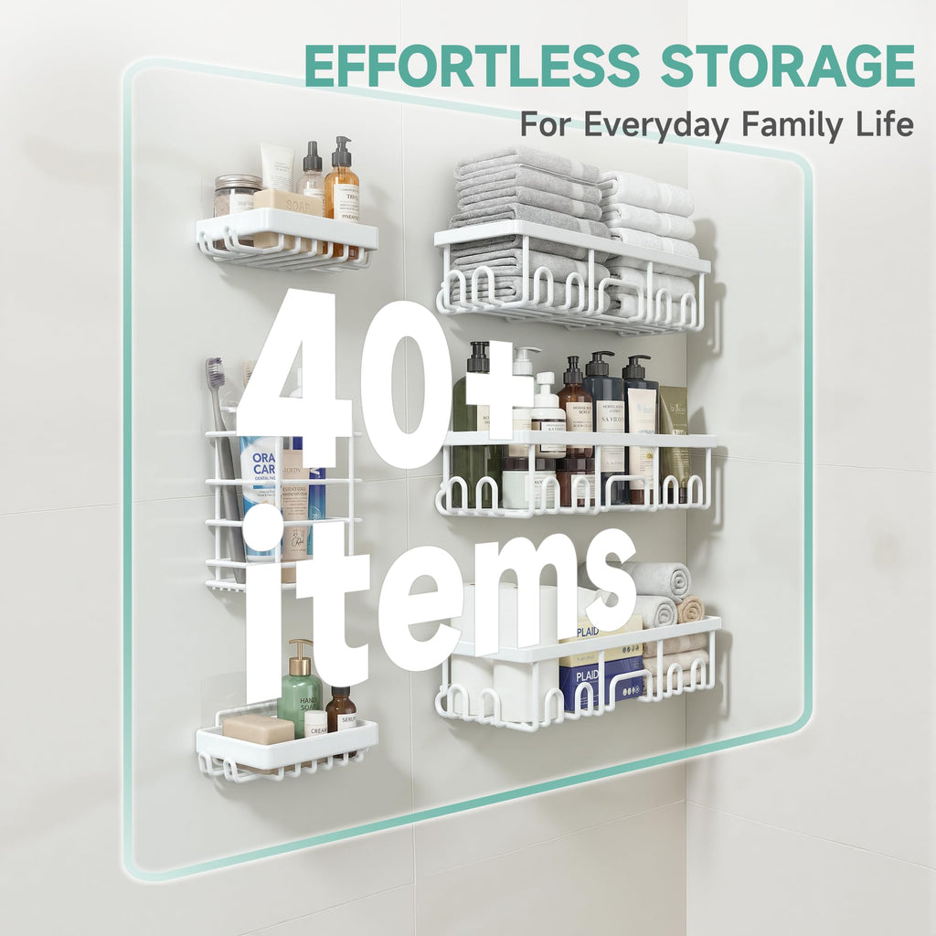 Veken Shower Caddy 6-Pack, Advanced Rustproof Design, No Drilling Adhesive Shelves, Rack with Soap Holder, Large Capacity Bathroom Organizers and Storage, Wall-Mounted Kitchen & Home Decor