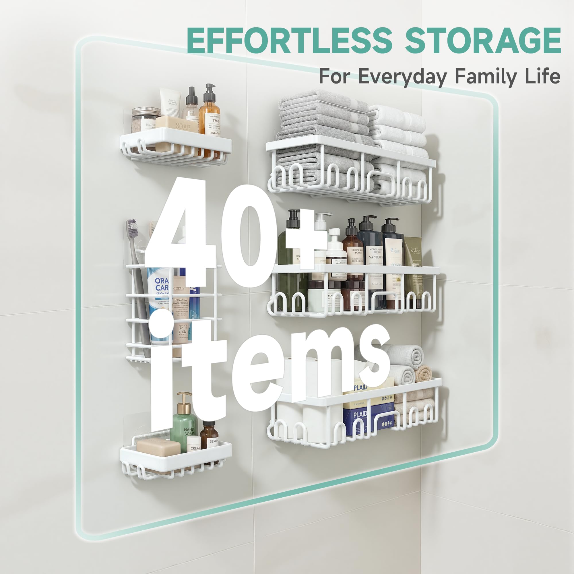 Veken Shower Caddy 6-Pack, Advanced Rustproof Design, No Drilling Adhesive Shelves, Rack with Soap Holder, Large Capacity Bathroom Organizers and Storage, Wall-Mounted Kitchen & Home Decor