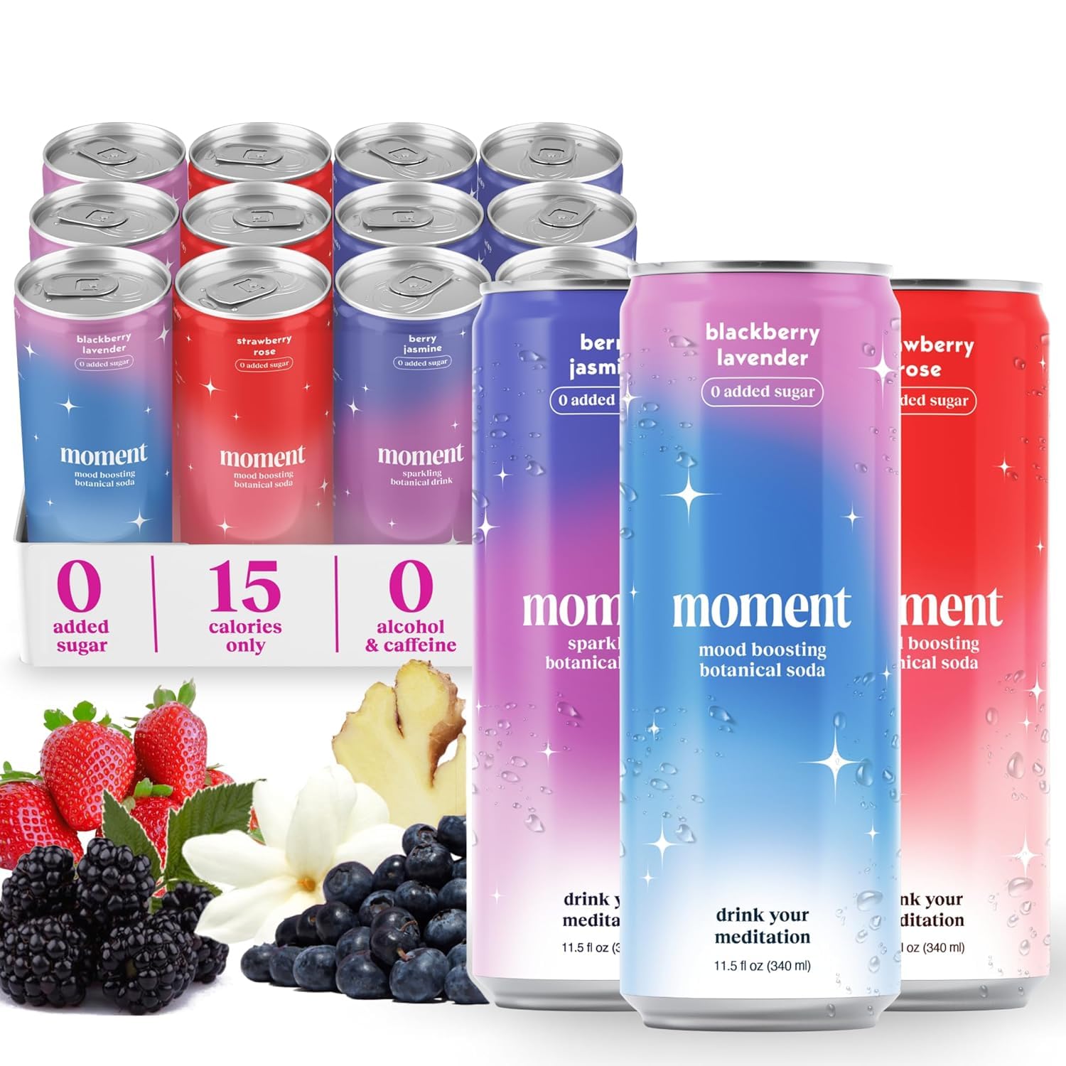 Moment Botanical Soda (Shark Tank) - Calm, Clarity & Relaxation with L-Theanine & Ashwagandha - Non Alcoholic Drinks for Adults - Sparkling Adaptogen Drink - 0 Sugar 0 Caffeine - 12 Pack 11.5 fl oz