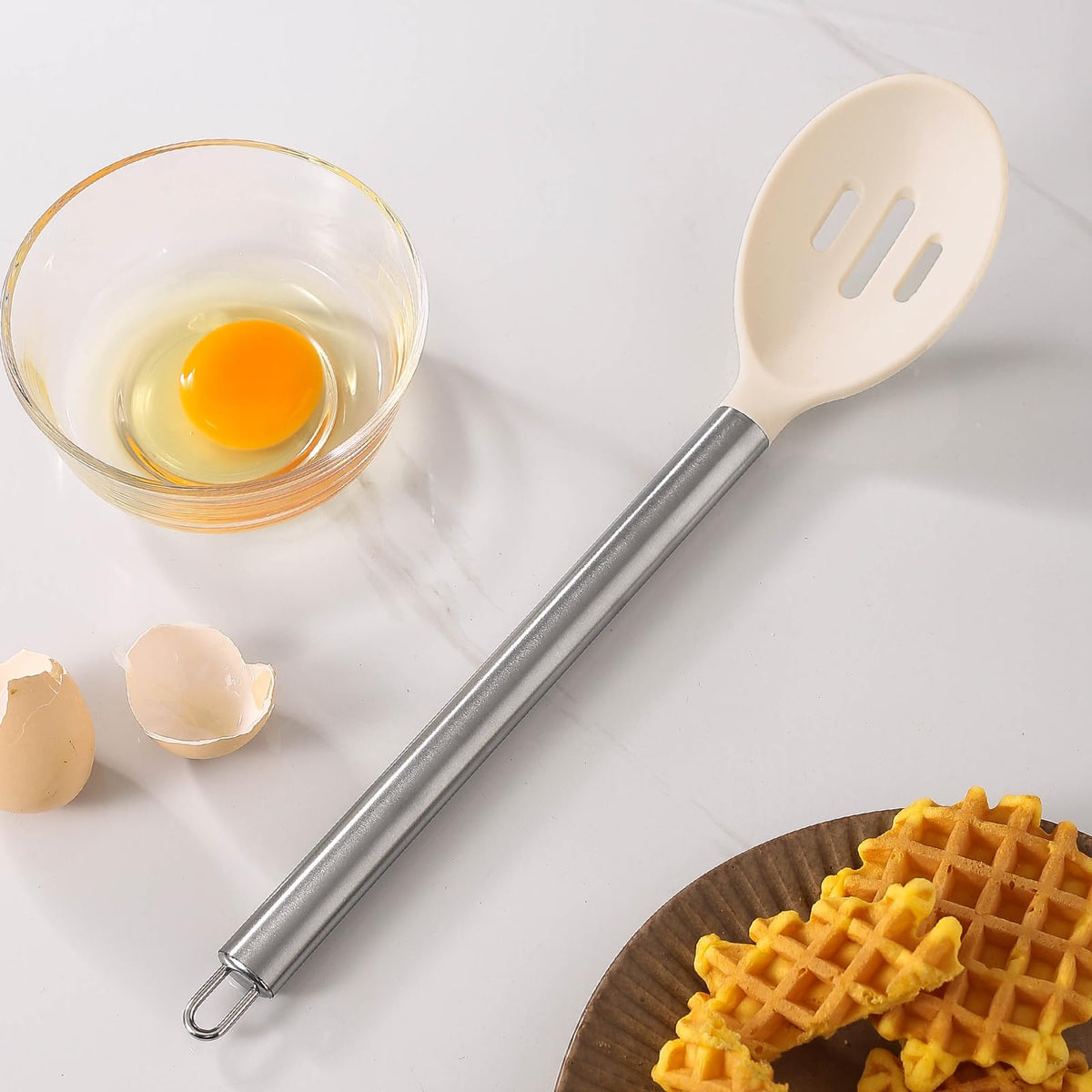 MANJIA Silicone Slotted and Solid Cooking Spoons Set, 2 Piece, Khaki